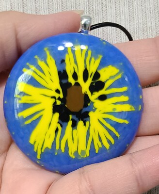 Abstract Sunflower Fused Glass Necklace with Sterling Silver Bail and Adjustable Length Leather Cord - image2